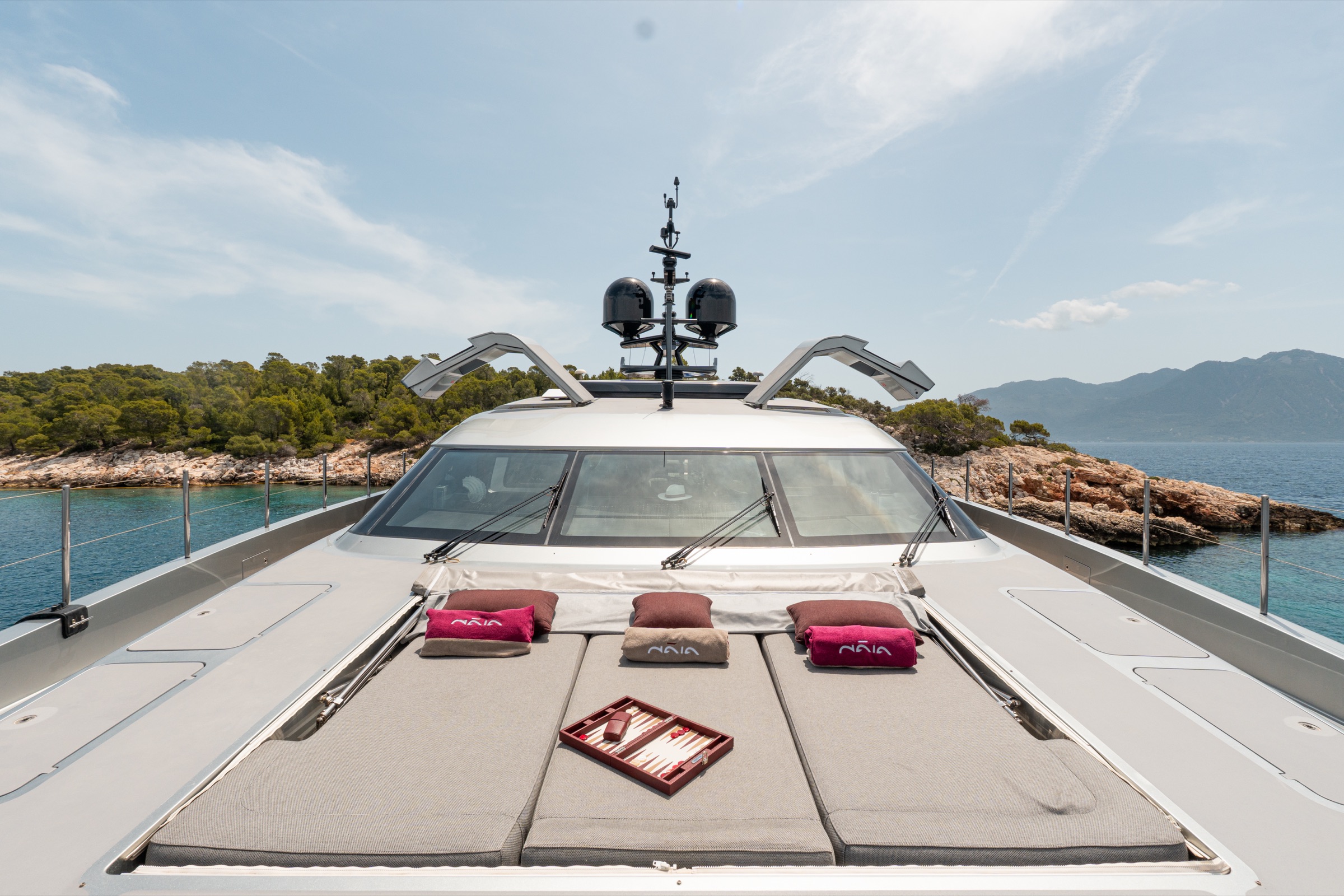 M/Y Naia bow sundeck — Cyclades cruising in late September shoulder season